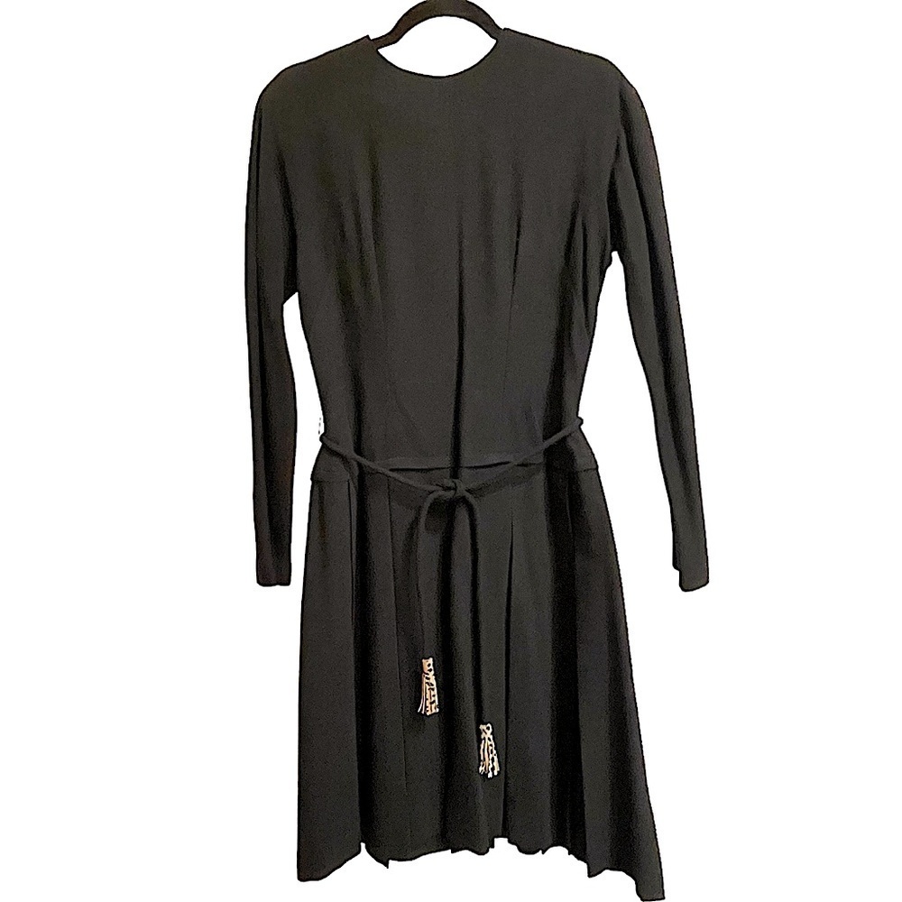 Vintage Black Wool Blend Long Sleeve Drop Waist Back Zip Midi Dress Tie Belt 10